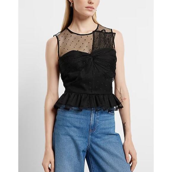 Express Tulle Polka Dot Twist Front Peplum Tank Top Women's Size L Black - Picture 1 of 7